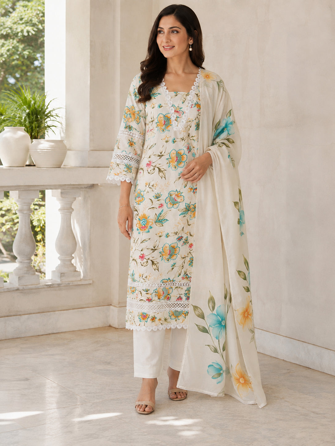 Peachmode Cream Pure Cotton Floral Printed Salwar Suit - Image 5