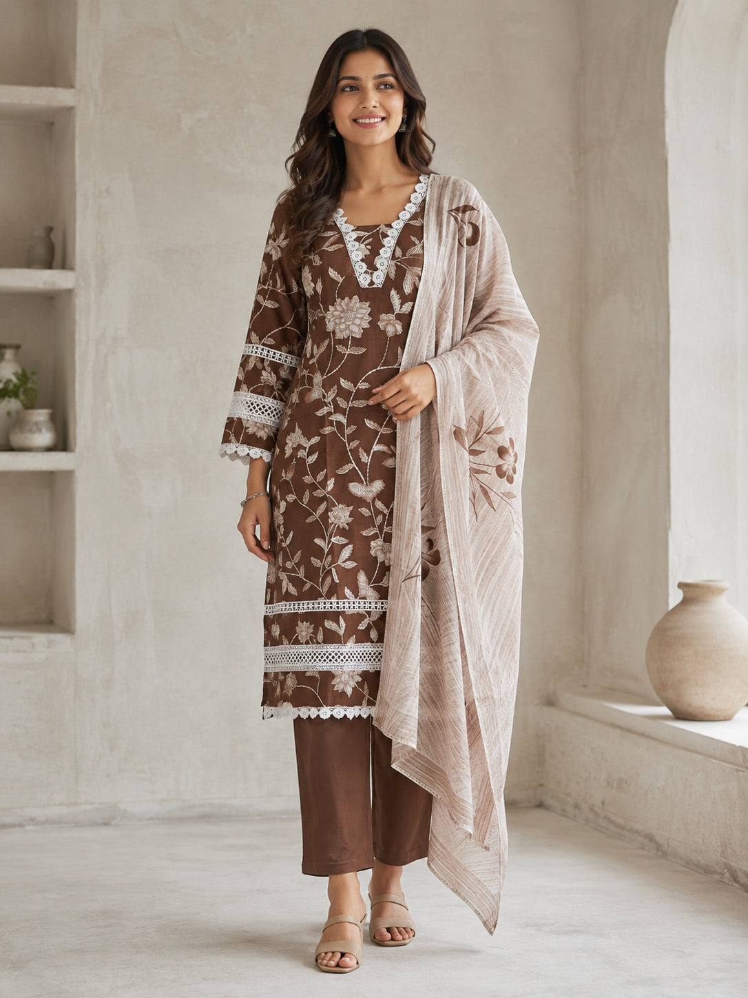 Peachmode Brown Pure Cotton Floral Printed Salwar Suit - Image 1