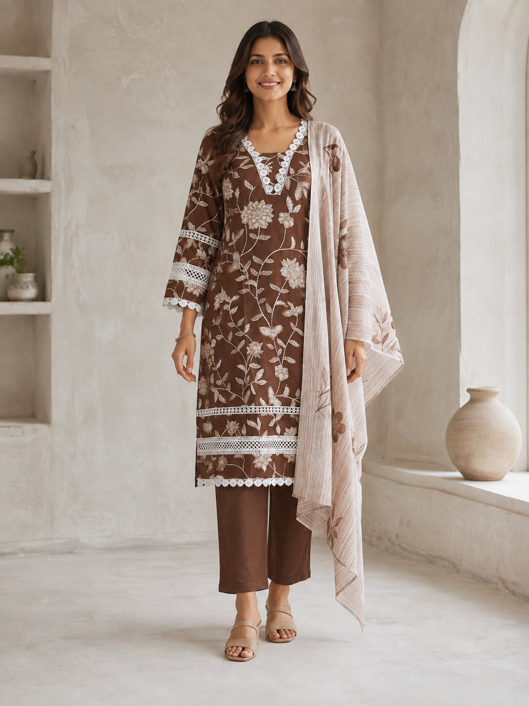 Peachmode Brown Pure Cotton Floral Printed Salwar Suit - Image 2