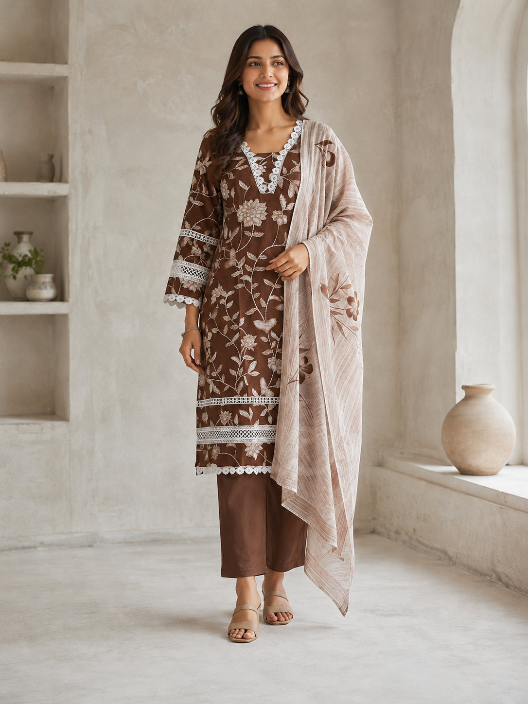 Peachmode Brown Pure Cotton Floral Printed Salwar Suit - Image 5