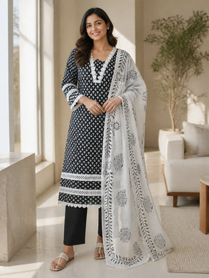 Peachmode Black Pure Cotton Floral Printed Salwar Suit - Image 1
