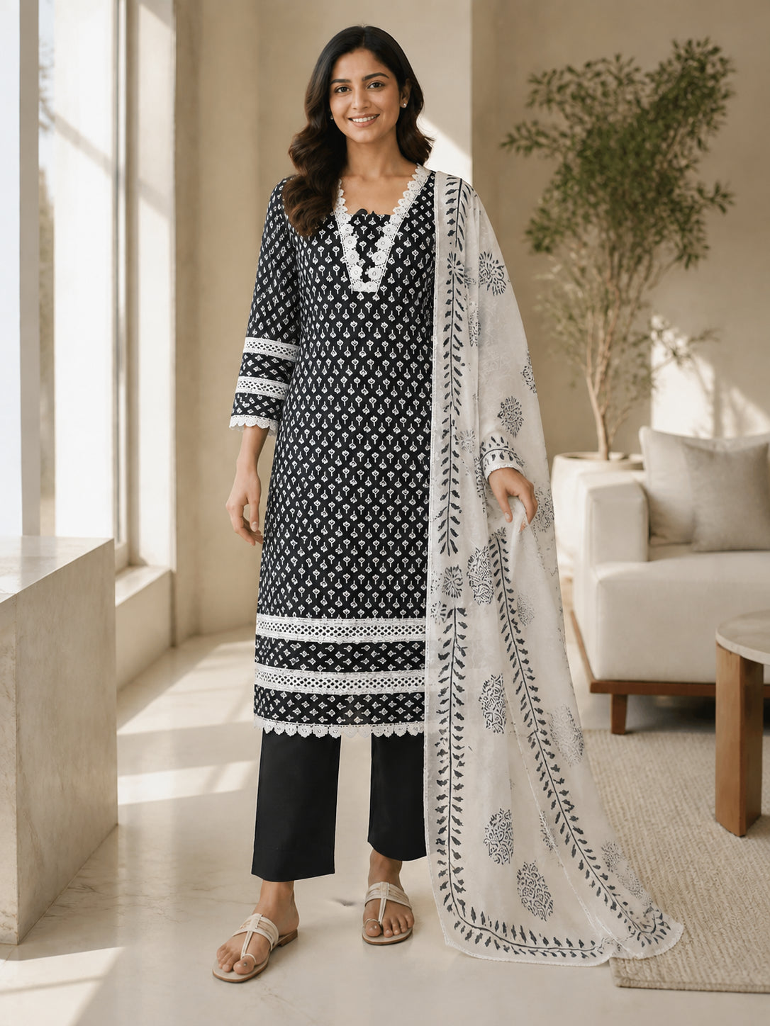 Peachmode Black Pure Cotton Floral Printed Salwar Suit - Image 2