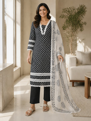 Peachmode Black Pure Cotton Floral Printed Salwar Suit - Image 2