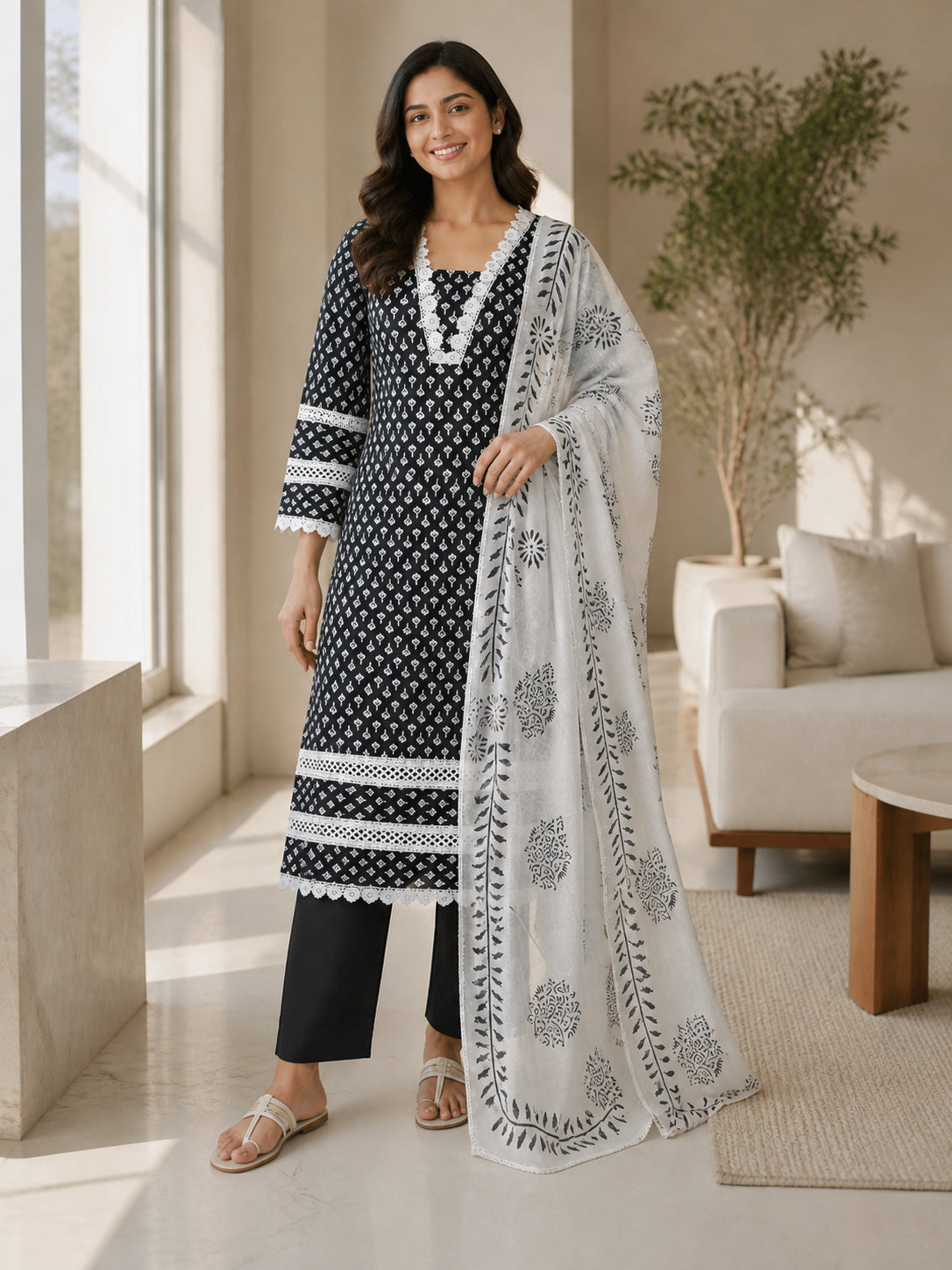 Peachmode Black Pure Cotton Floral Printed Salwar Suit - Image 5