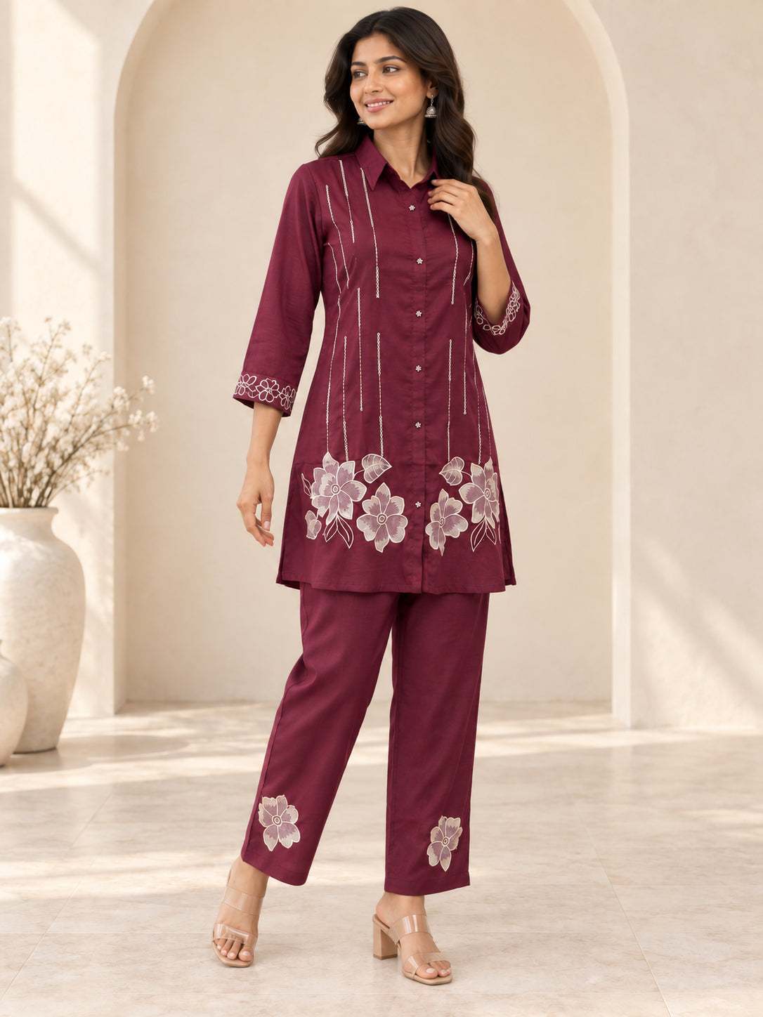 Peachmode Wine Chinon Floral Applique Embroidered Top Bottom Set - Image 5