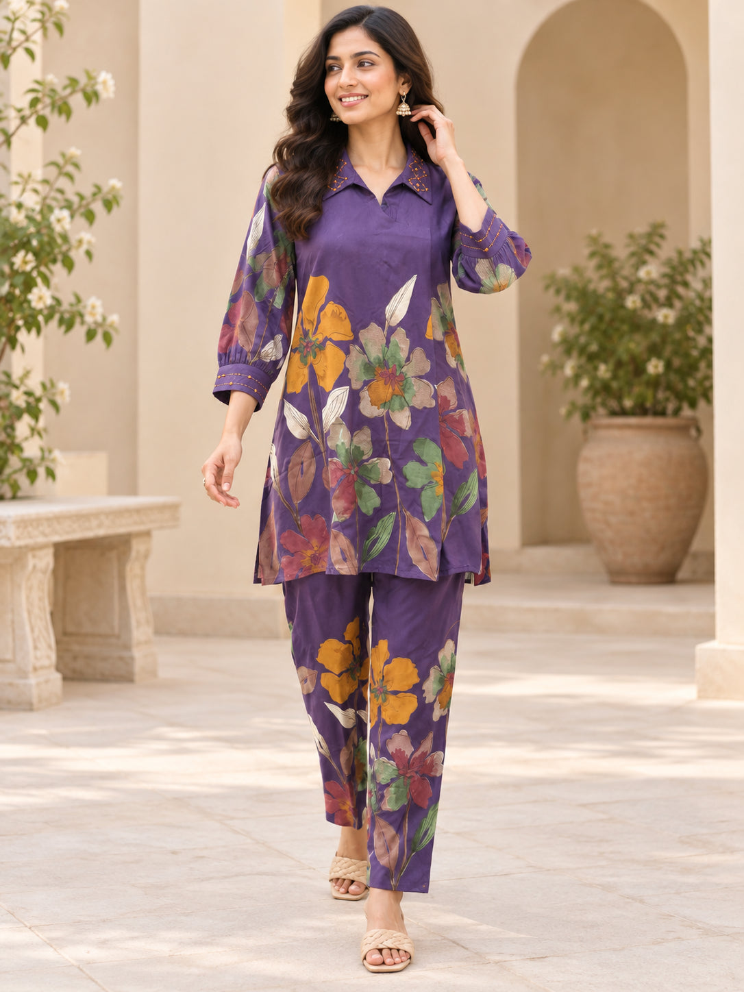 Peachmode Purple Rayon Botanical Floral Printed Top Bottom Set - Image 1