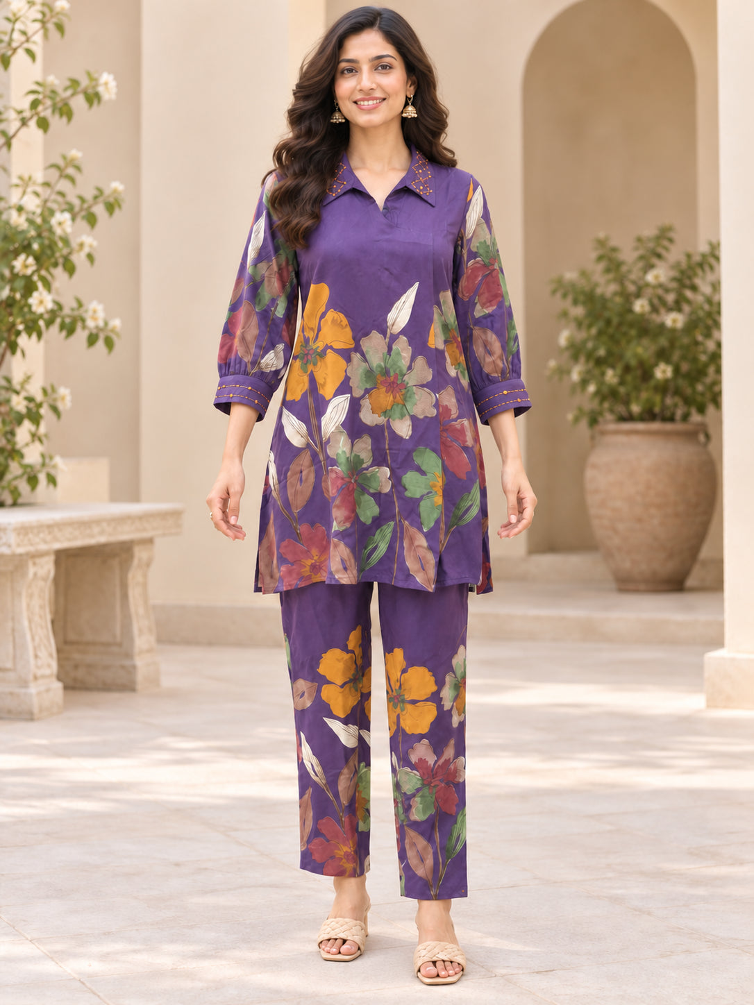 Peachmode Purple Rayon Botanical Floral Printed Top Bottom Set - Image 2