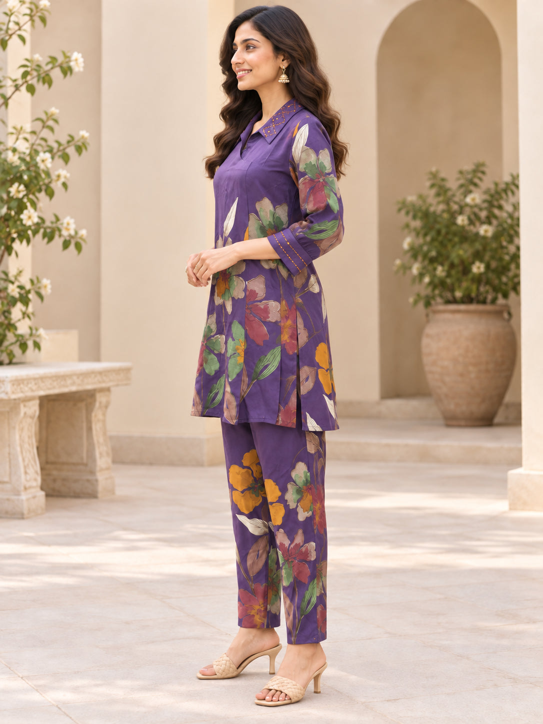 Peachmode Purple Rayon Botanical Floral Printed Top Bottom Set - Image 3