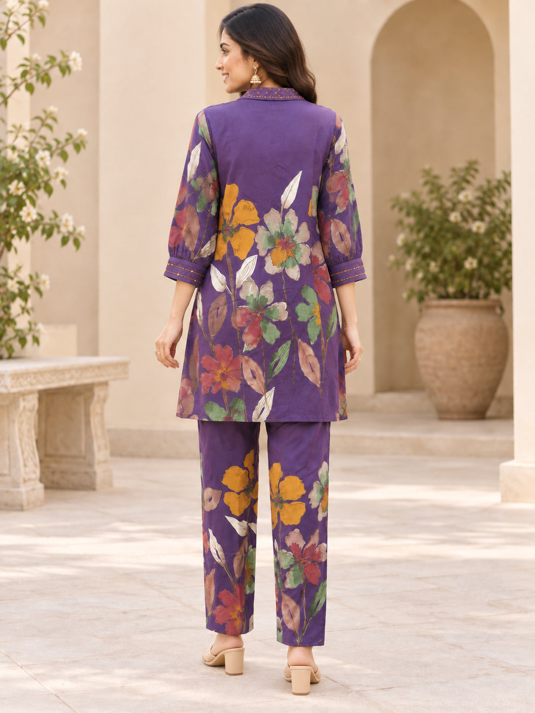 Peachmode Purple Rayon Botanical Floral Printed Top Bottom Set - Image 4