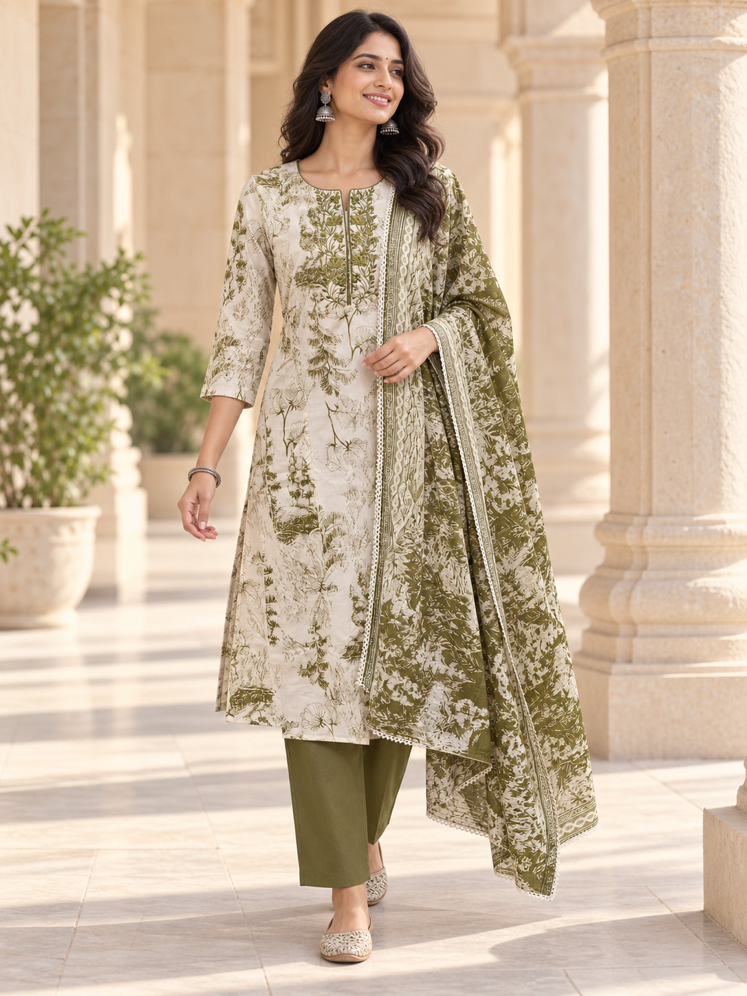 Peachmode Mehandi Green Pure Cotton Botanical Printed Salwar Suit Set - Image 1