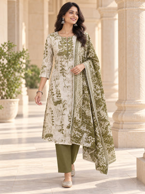 Peachmode Mehandi Green Pure Cotton Botanical Printed Salwar Suit Set - Image 1