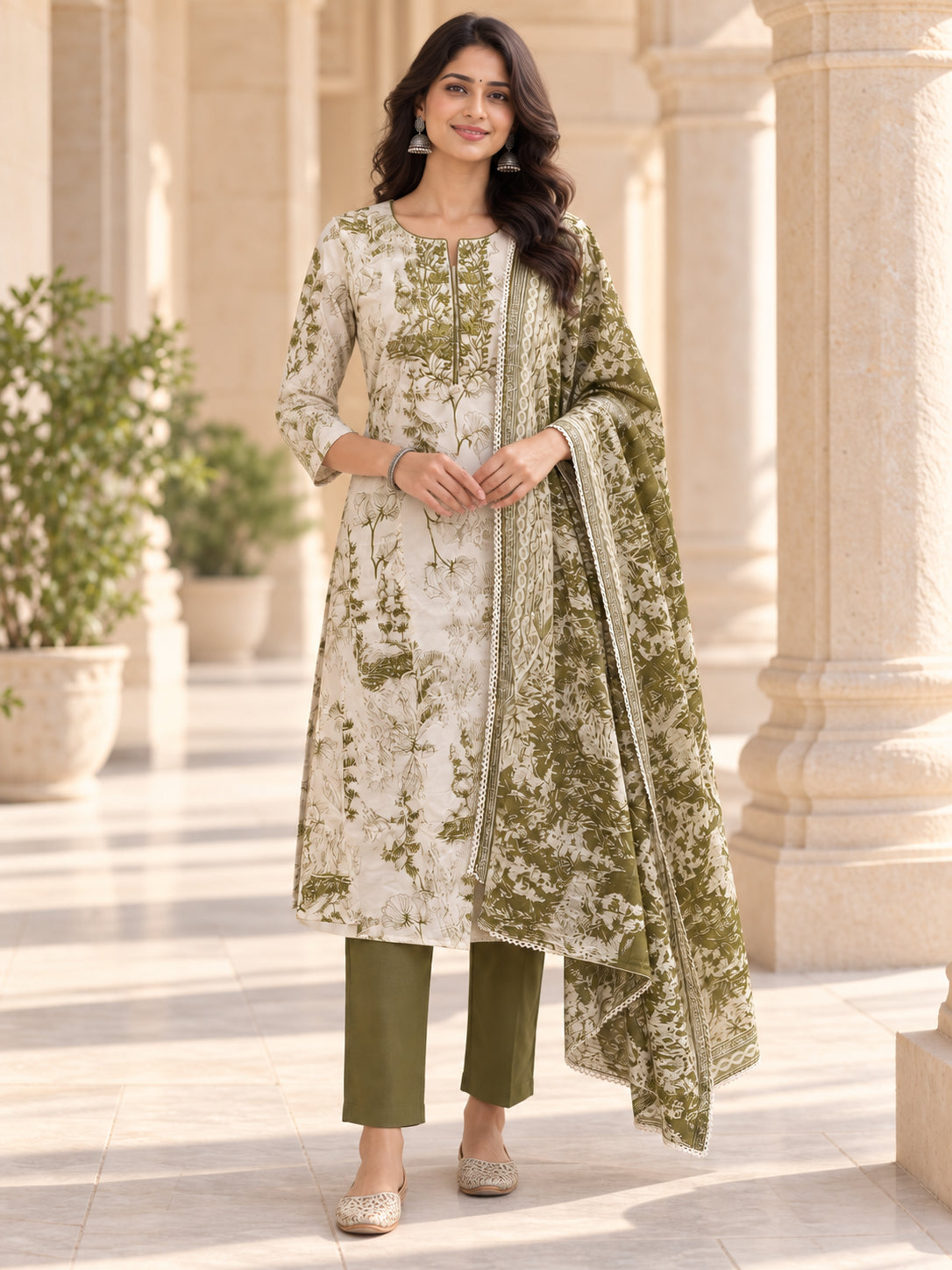Peachmode Mehandi Green Pure Cotton Botanical Printed Salwar Suit Set - Image 2