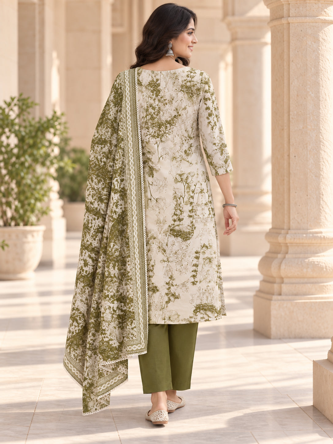 Peachmode Mehandi Green Pure Cotton Botanical Printed Salwar Suit Set - Image 4