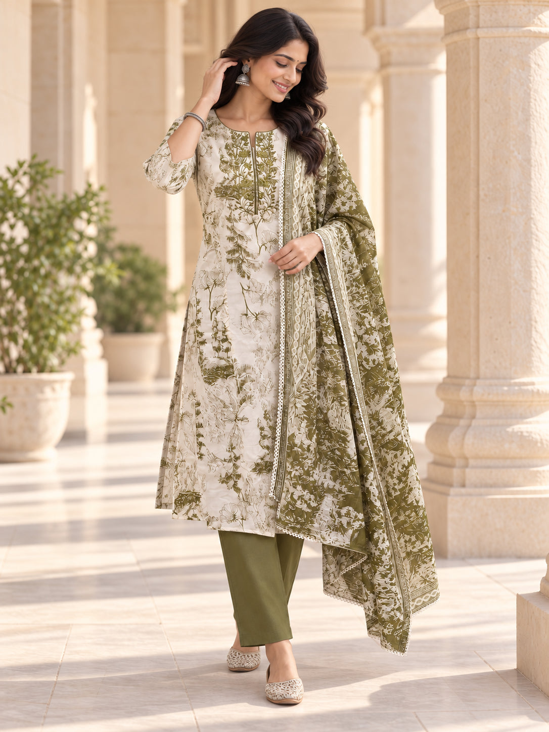 Peachmode Mehandi Green Pure Cotton Botanical Printed Salwar Suit Set - Image 5