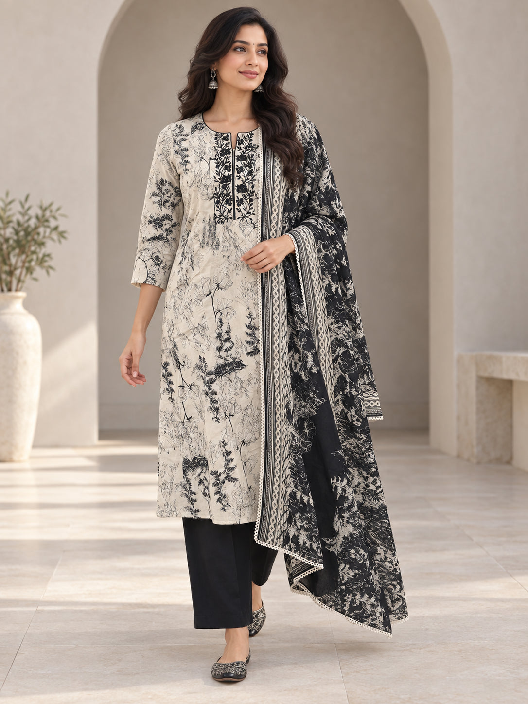 Peachmode Black Pure Cotton Botanical Printed Salwar Suit Set - Image 1