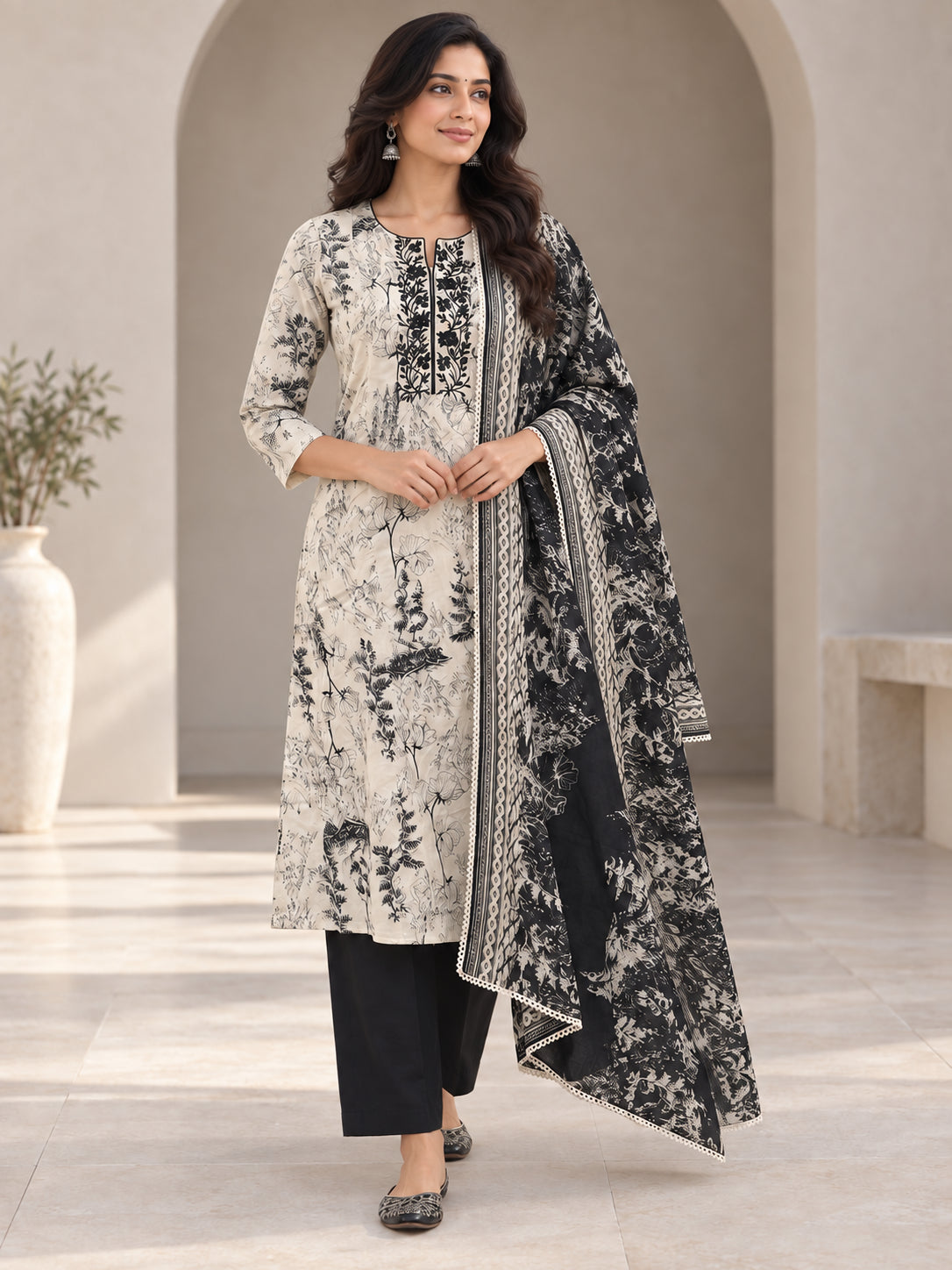 Peachmode Black Pure Cotton Botanical Printed Salwar Suit Set - Image 2