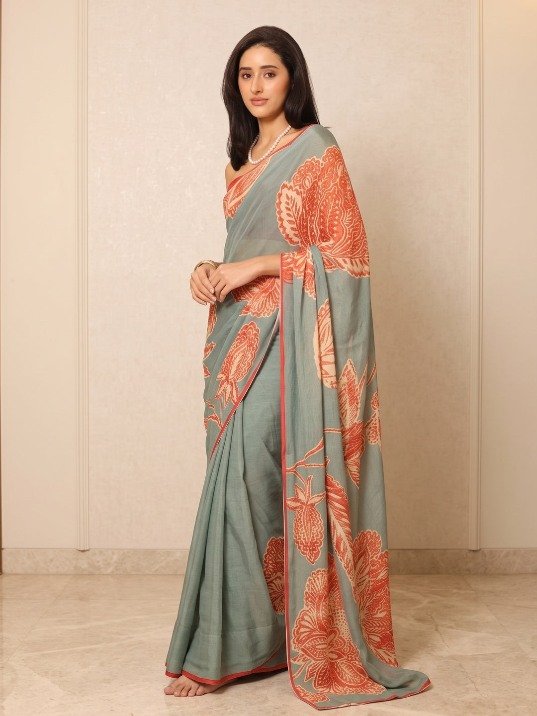 Peachmode Teal Grey Coral Floral Printed Georgette Saree - Image 4