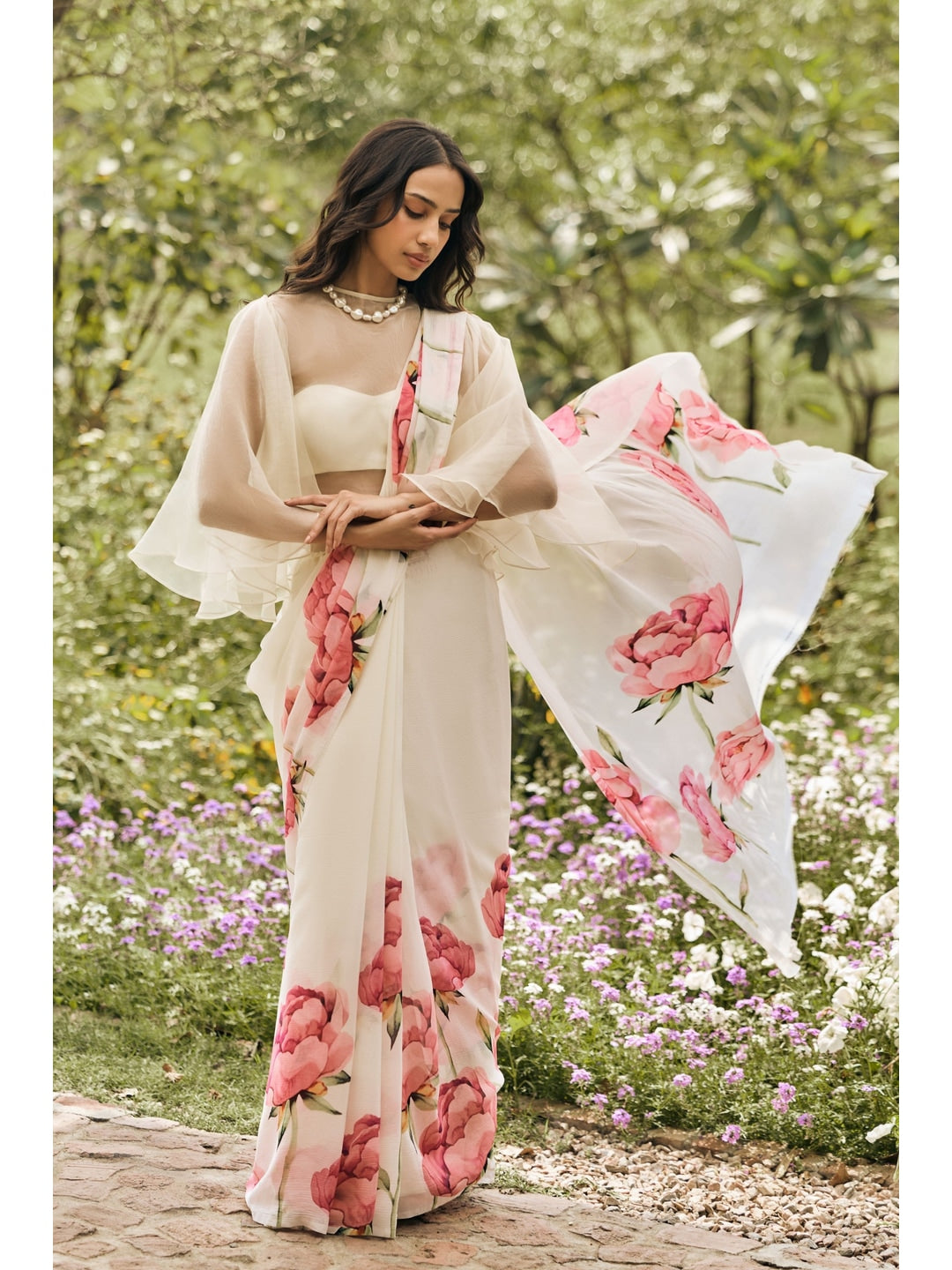 Peachmode Ivory Pink Rose Printed Georgette Saree - Image 1