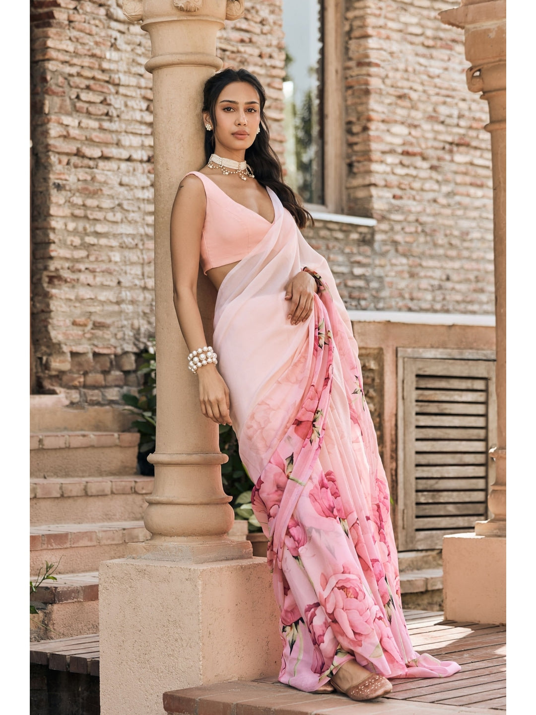 Peachmode Pink Rose Printed Georgette Saree - Image 1