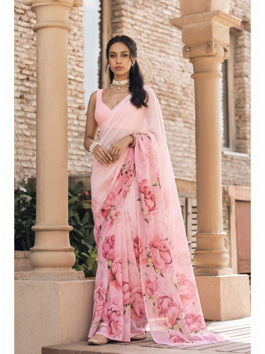 Peachmode Pink Rose Printed Georgette Saree - Image 5