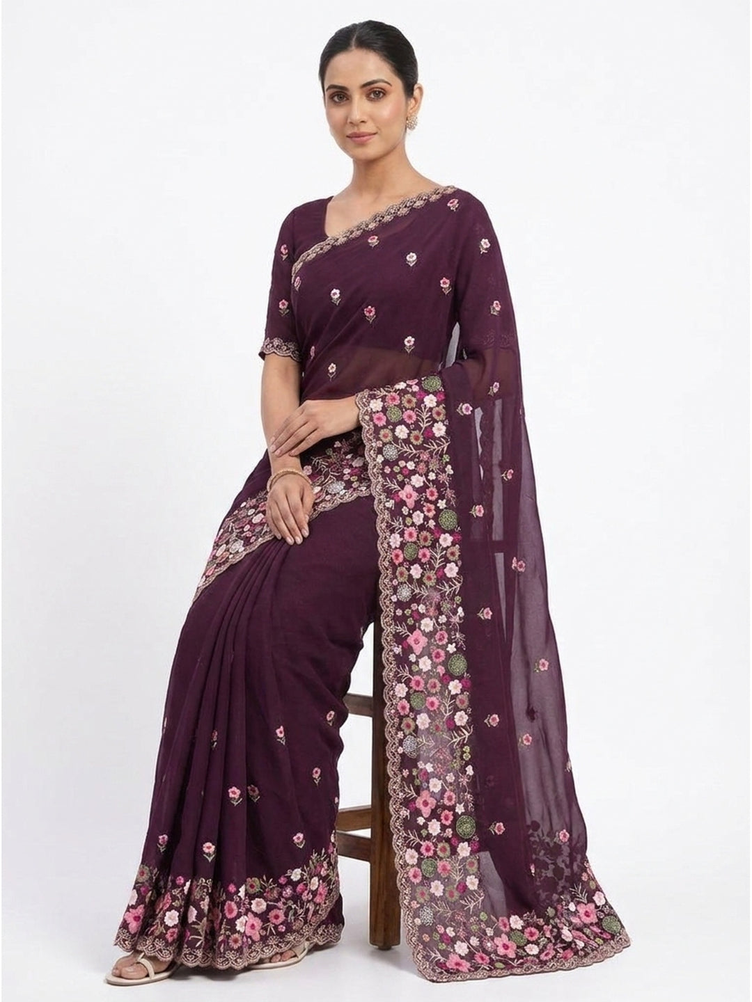 Graceful Wine Georgette Saree Featuring Exquisite Floral Thread Embroidery Work - Image 5