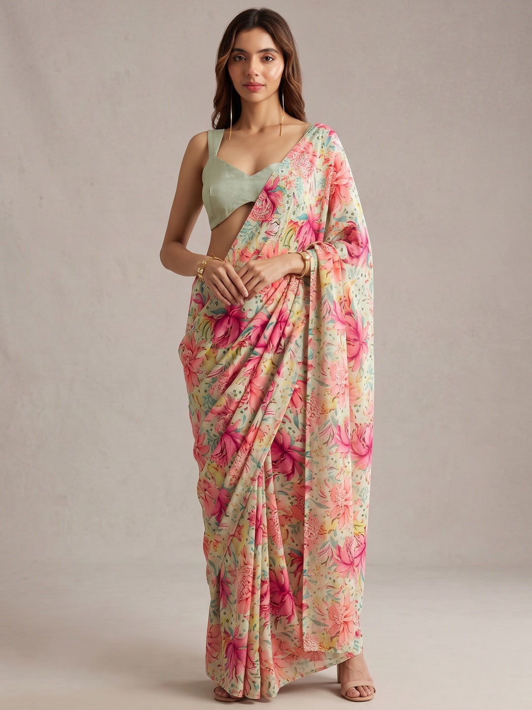 Peachmode Pista Green Multicolor Floral Printed Georgette Saree - Image 1