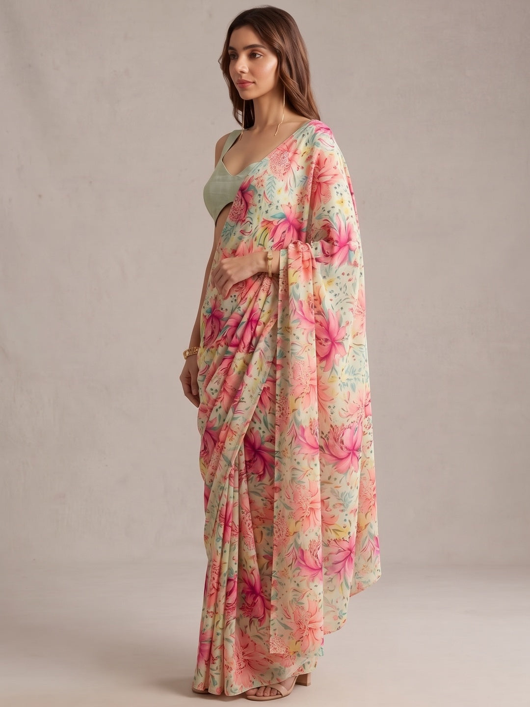 Peachmode Pista Green Multicolor Floral Printed Georgette Saree - Image 2