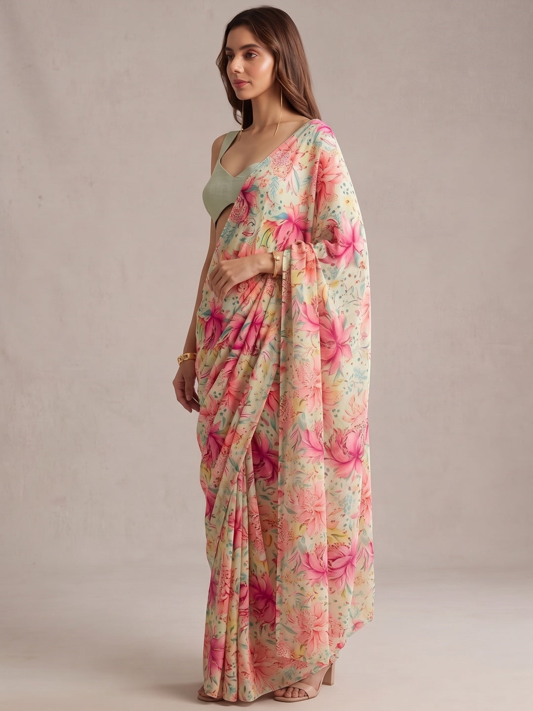 Peachmode Pista Green Multicolor Floral Printed Georgette Saree - Image 3