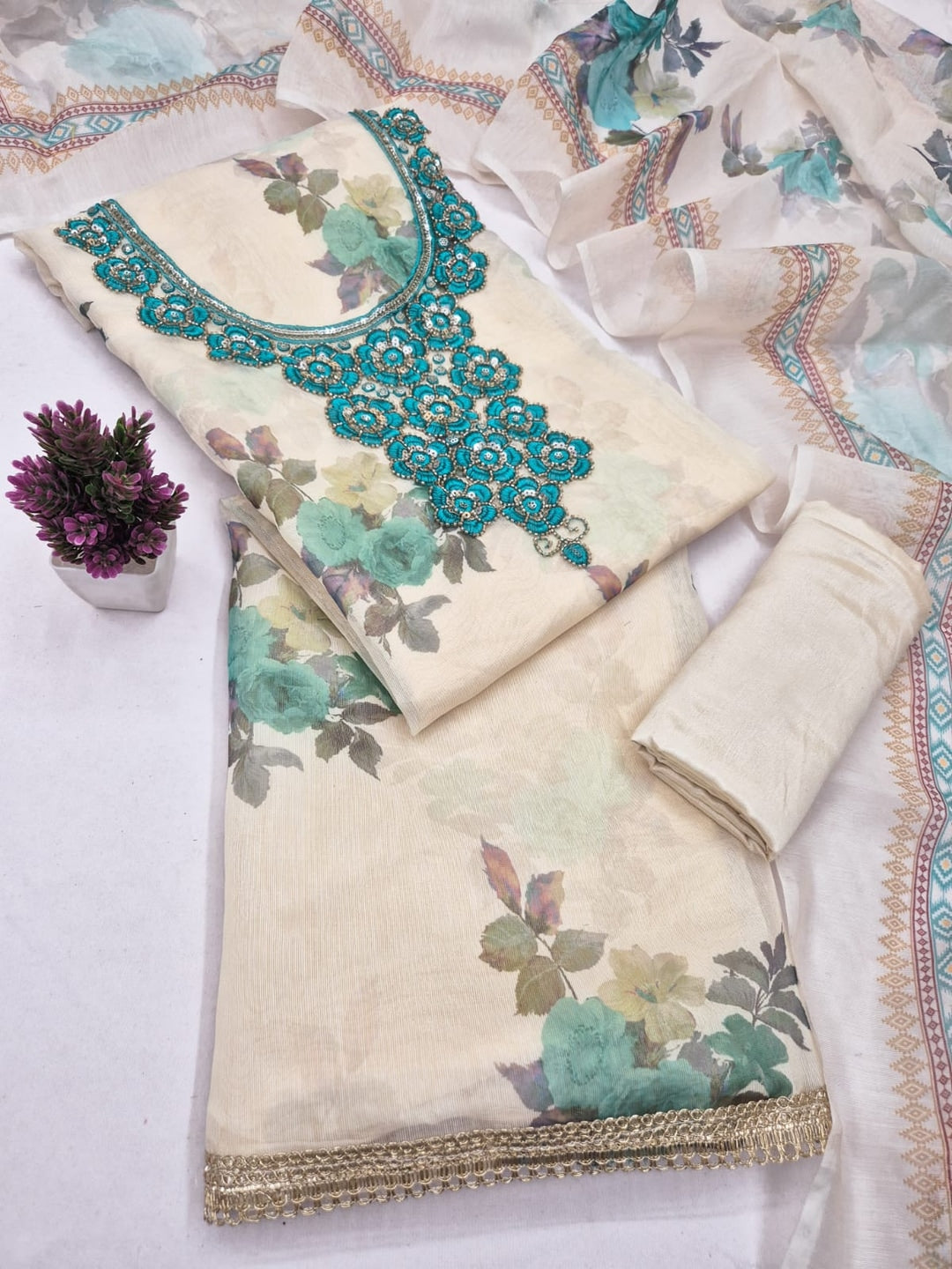Peachmode Cream Turquoise Floral Sequins Silk Dress Material - Image 1