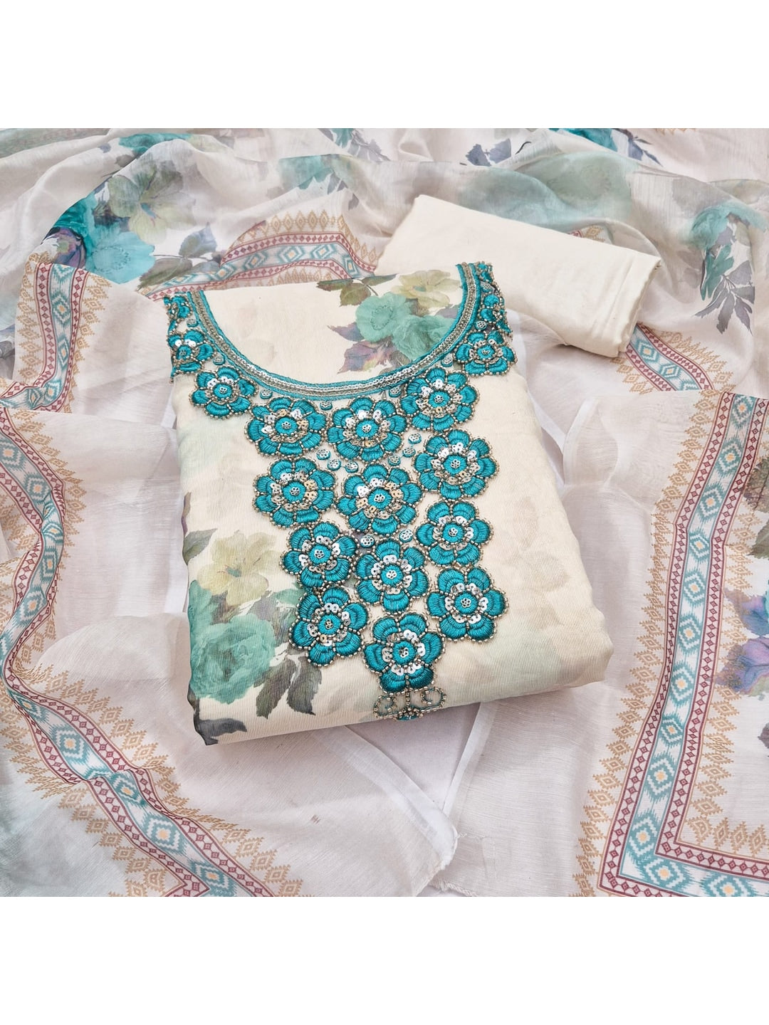 Peachmode Cream Turquoise Floral Sequins Silk Dress Material - Image 4