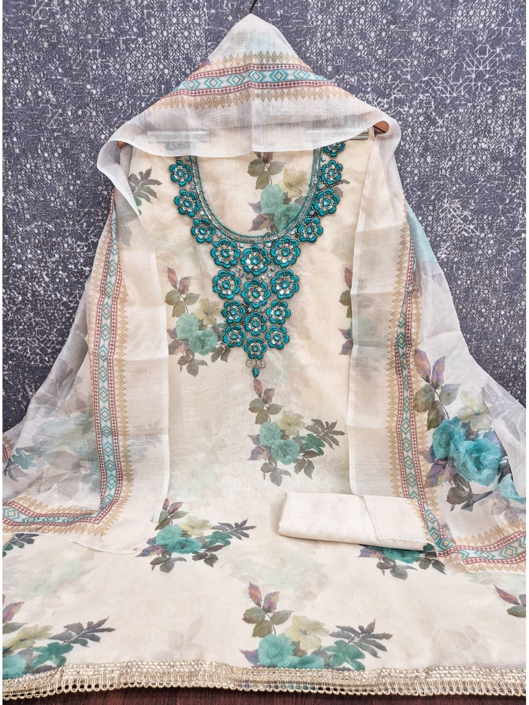 Peachmode Cream Turquoise Floral Sequins Silk Dress Material - Image 5