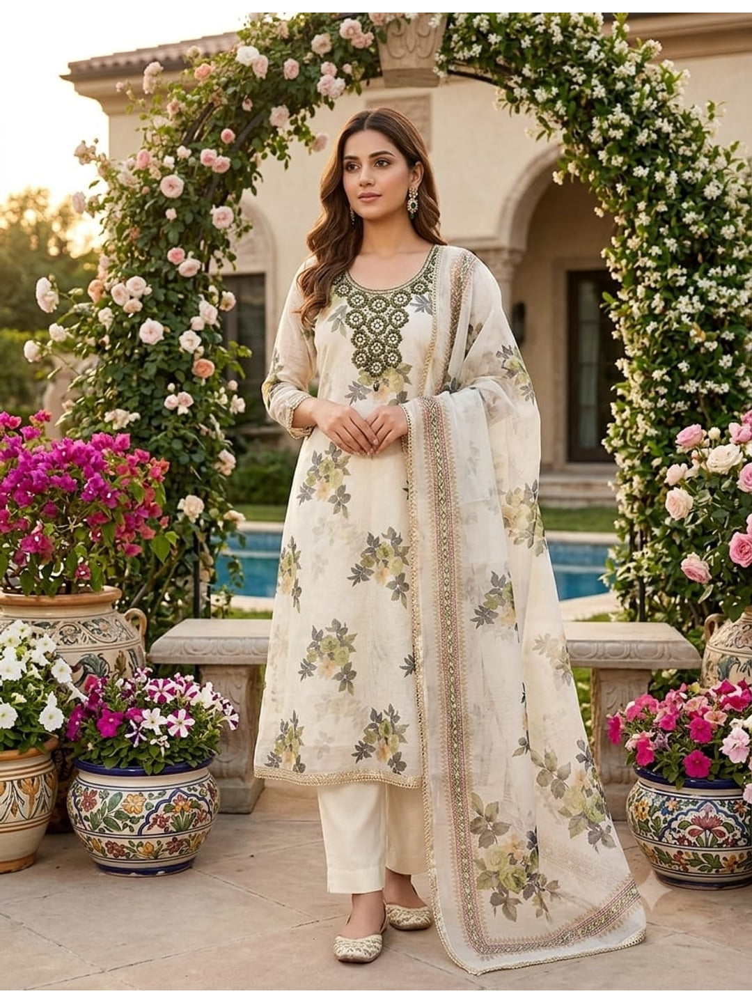 Peachmode Cream Olive Floral Sequins Silk Dress Material - Image 3