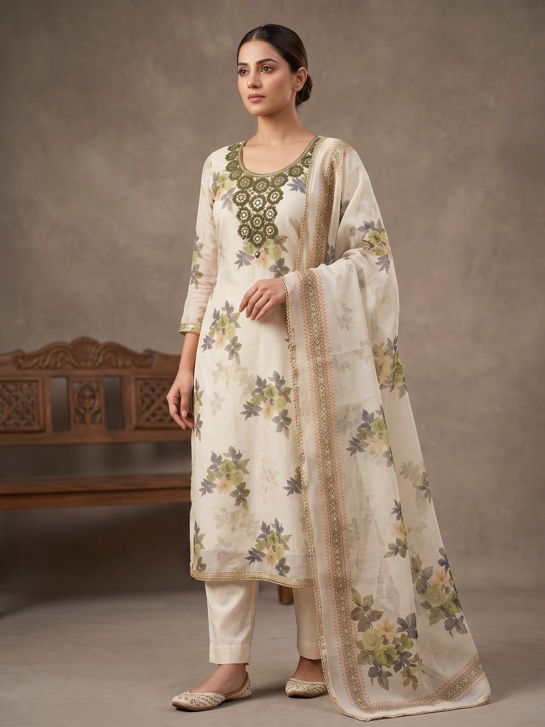 Peachmode Cream Olive Floral Sequins Silk Dress Material - Image 2