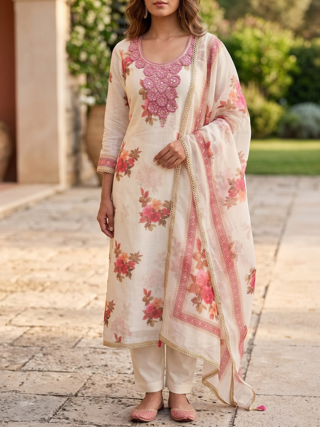 Peachmode Cream Pink Floral Sequins Silk Dress Material - Image 2