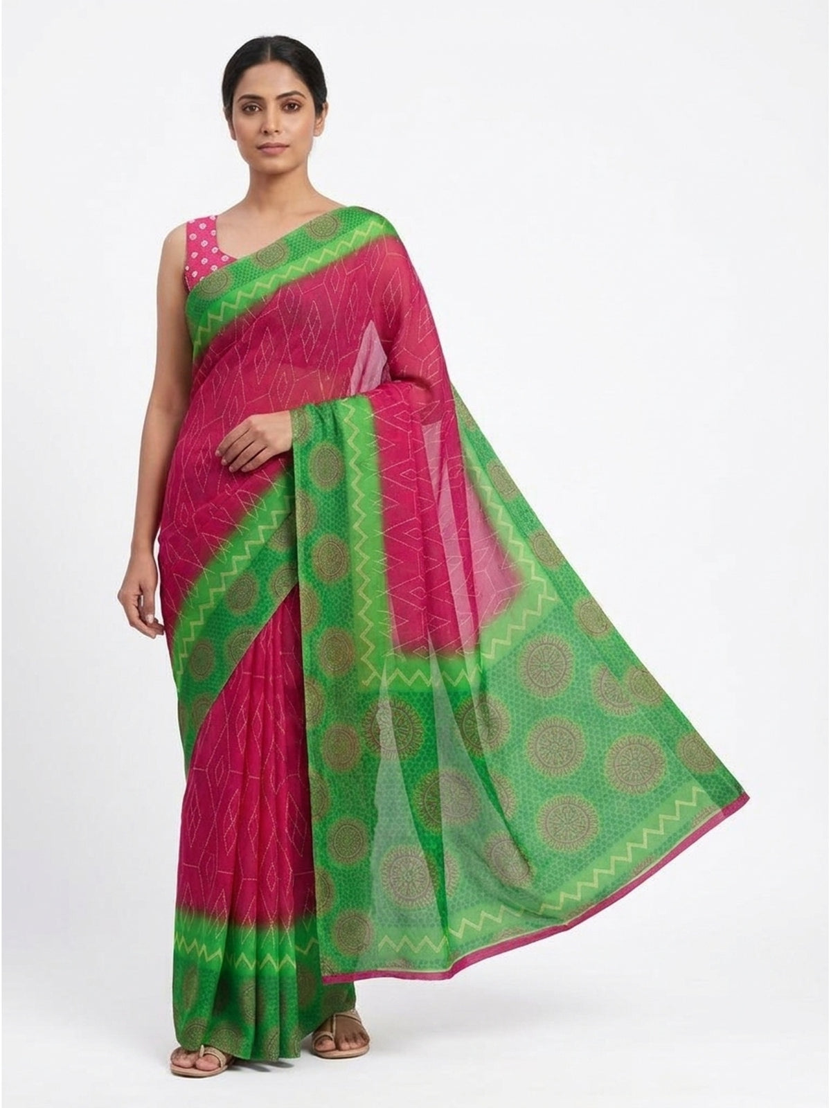Pink Geometric Printed Chiffon Saree - Image 5