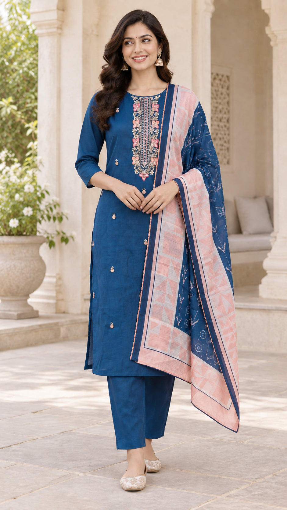 Peachmode Blue Chanderi Silk Floral Embroidered Salwar Suit Set - Image 2