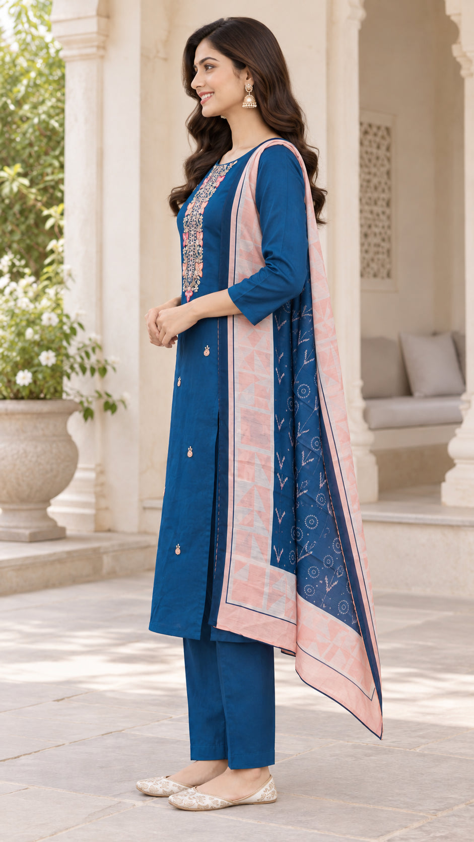 Peachmode Blue Chanderi Silk Floral Embroidered Salwar Suit Set - Image 3