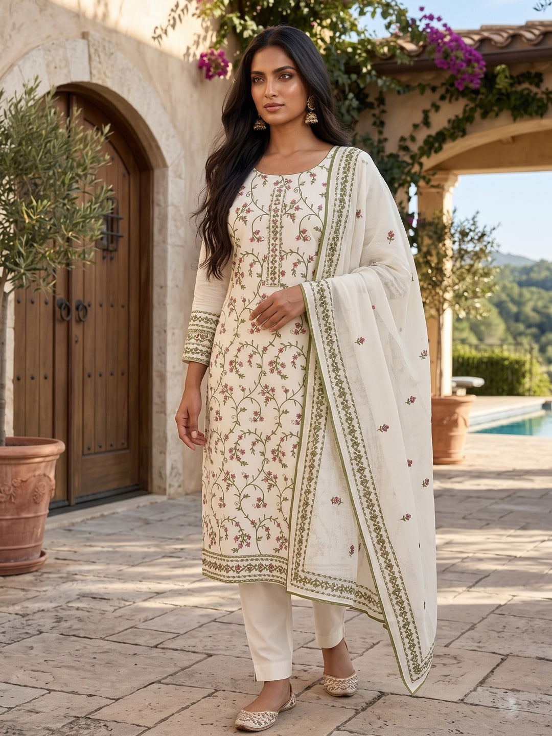 Peachmode Cream Floral Embroidered Cotton Dress Material - Image 2