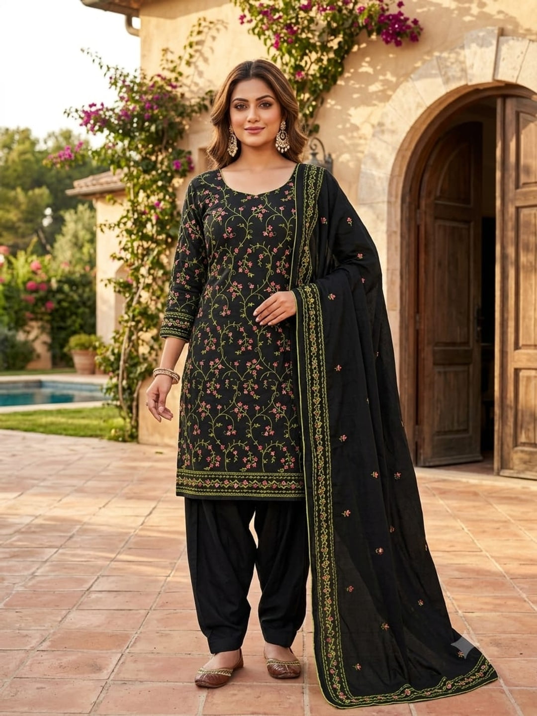 Peachmode Black Floral Embroidered Cotton Dress Material - Image 3