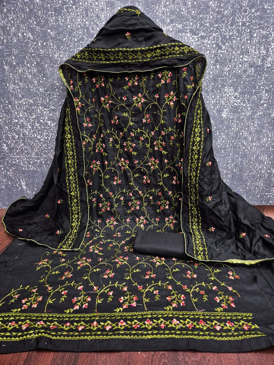 Peachmode Black Floral Embroidered Cotton Dress Material - Image 4