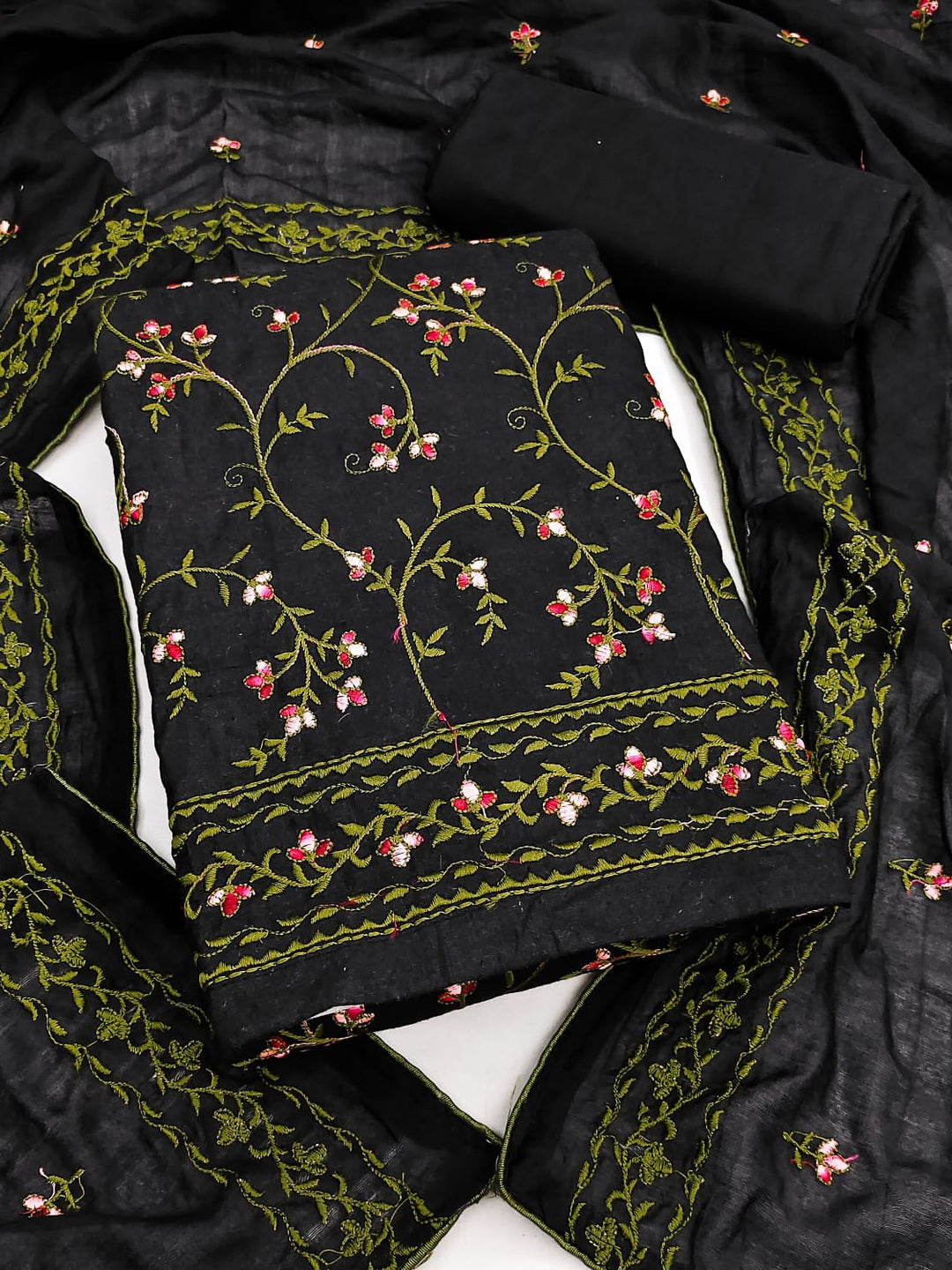 Peachmode Black Floral Embroidered Cotton Dress Material - Image 1