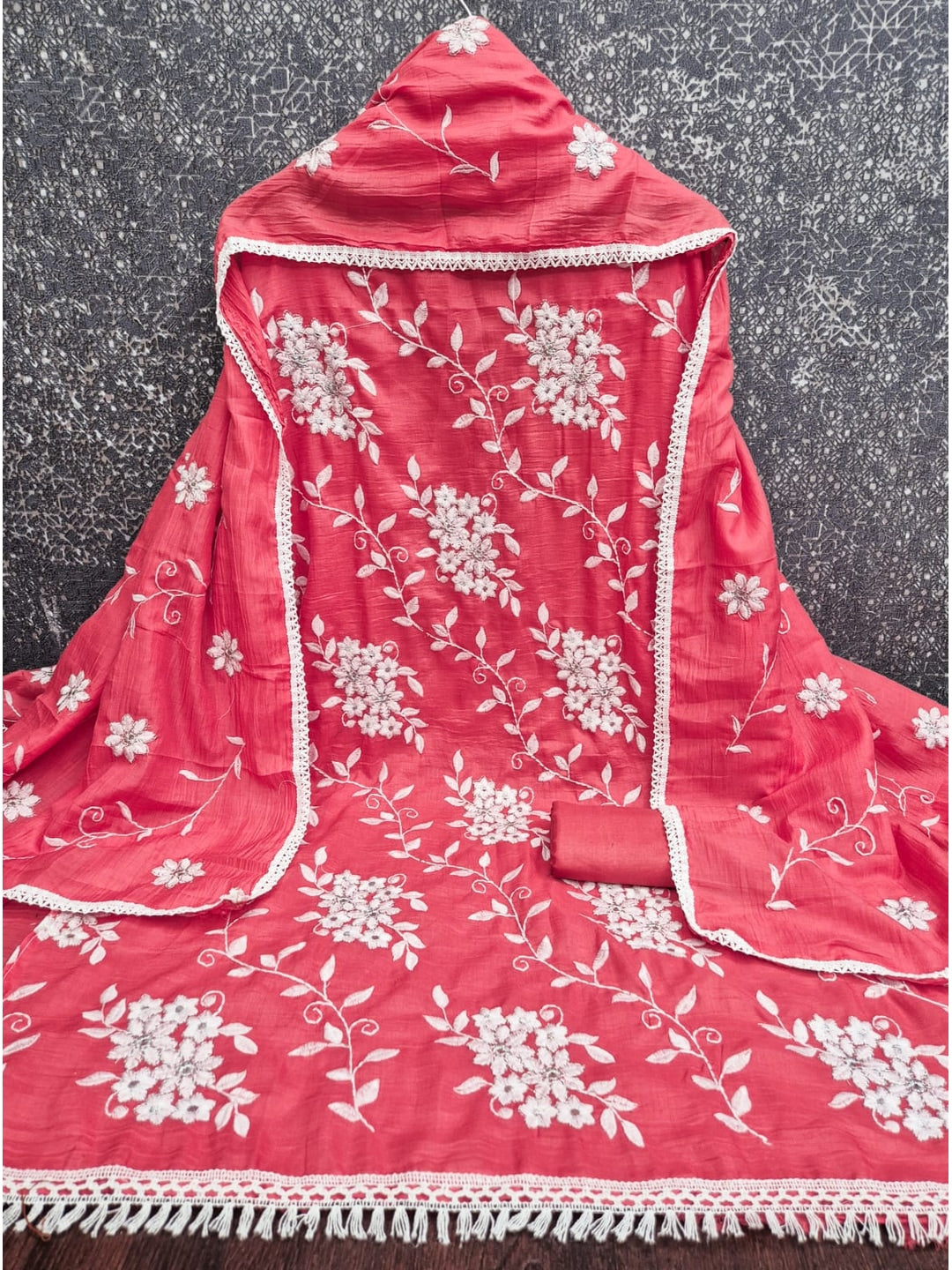 Peachmode Pink Floral Embroidered Silk Blend Dress Material - Image 4