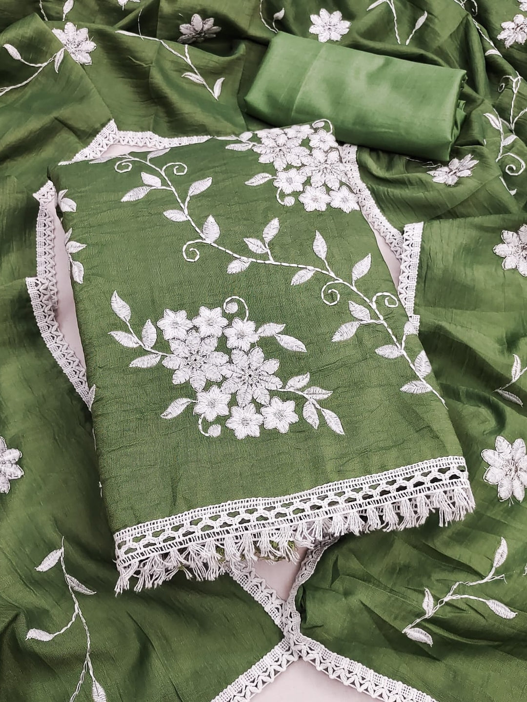 Peachmode Olive Floral Embroidered Silk Blend Dress Material - Image 1