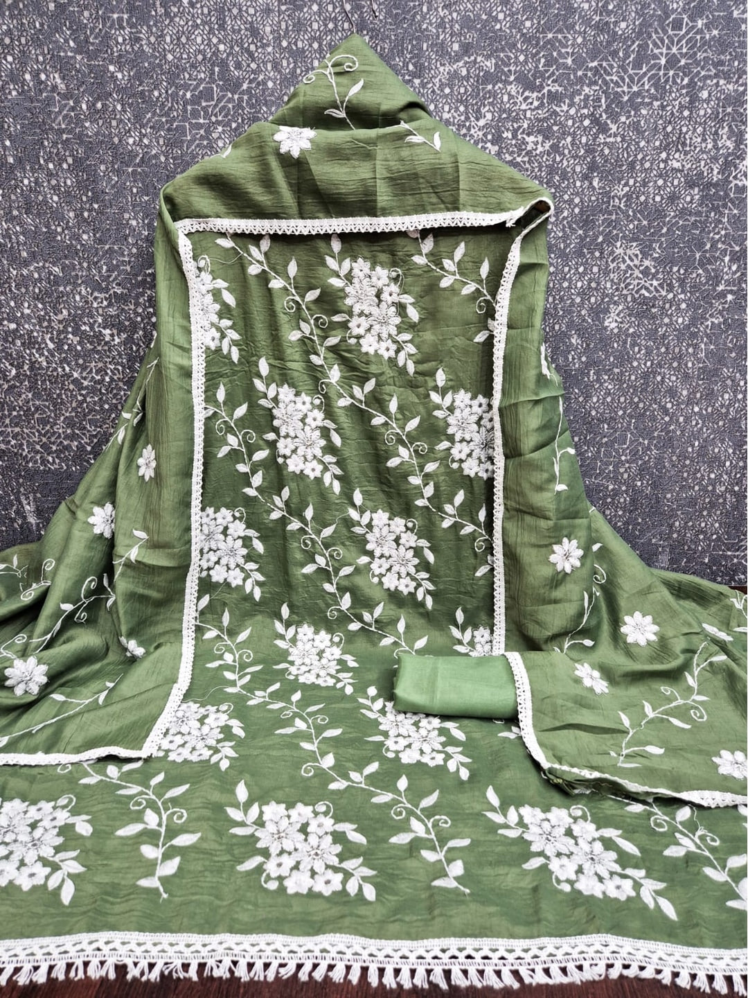 Peachmode Olive Floral Embroidered Silk Blend Dress Material - Image 4