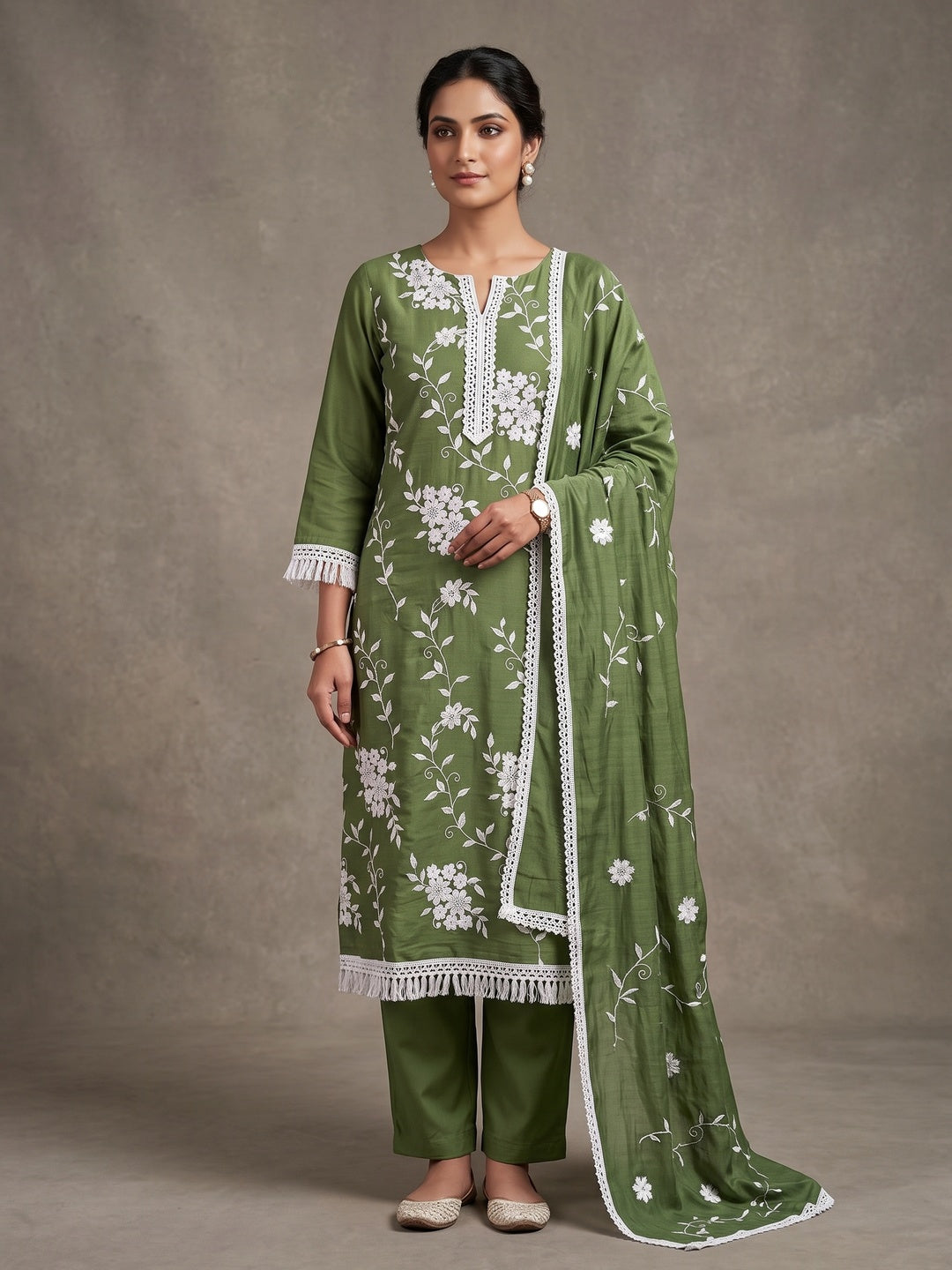 Peachmode Olive Floral Embroidered Silk Blend Dress Material - Image 2