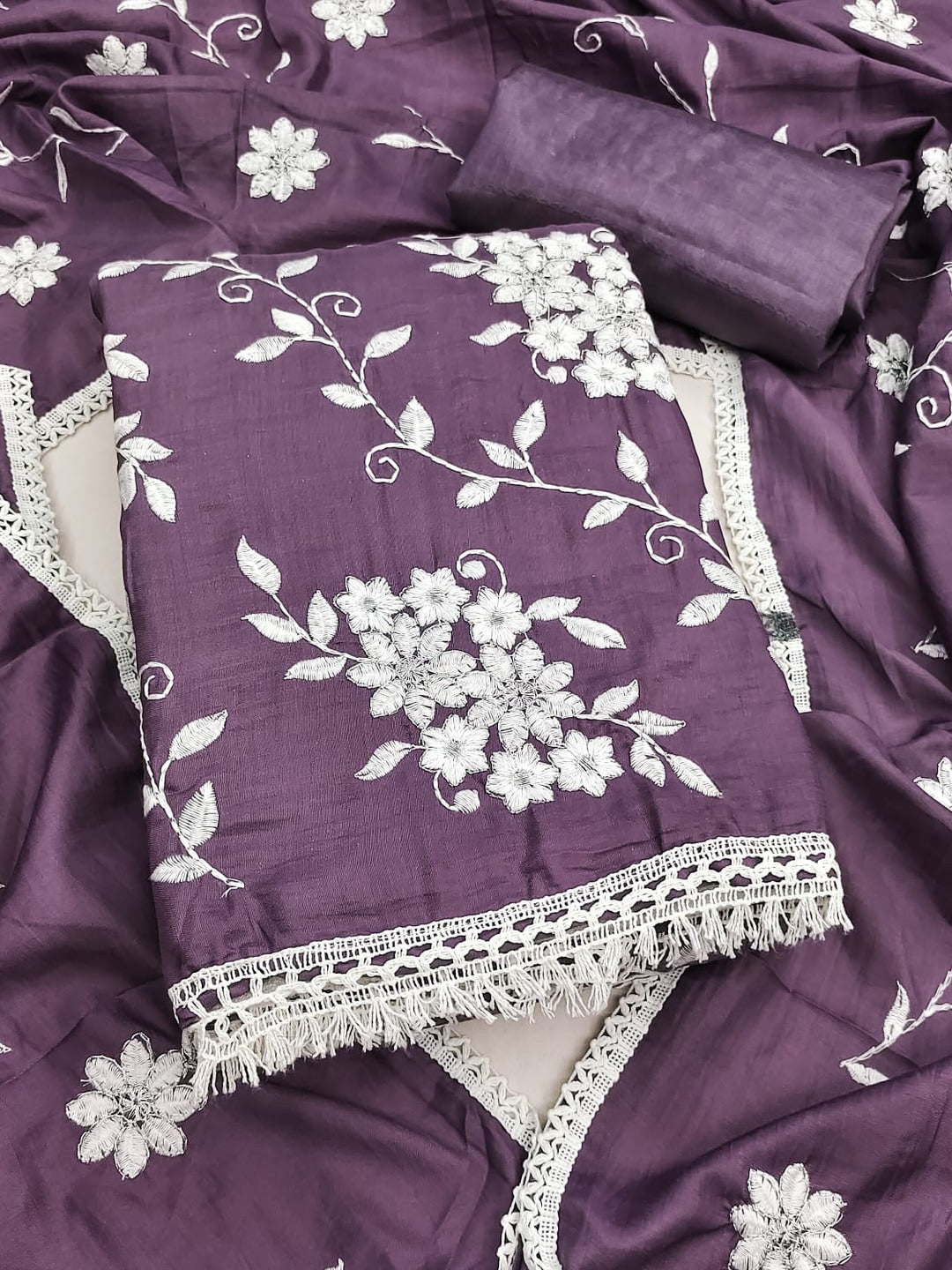 Peachmode Purple Floral Embroidered Silk Blend Dress Material - Image 1
