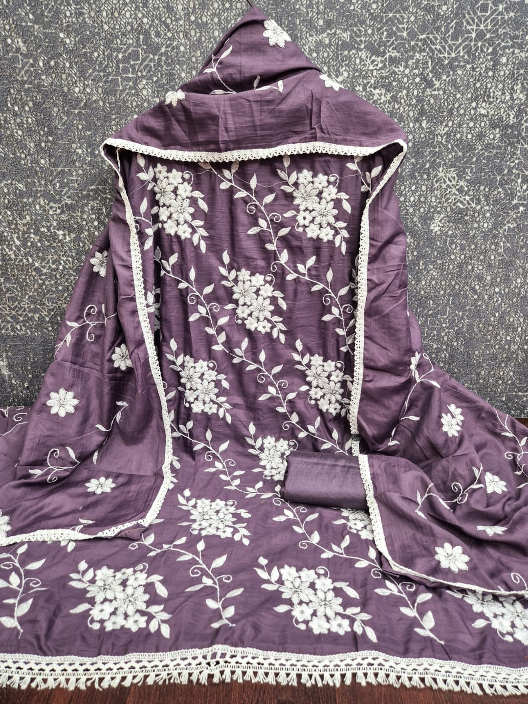 Peachmode Purple Floral Embroidered Silk Blend Dress Material - Image 4