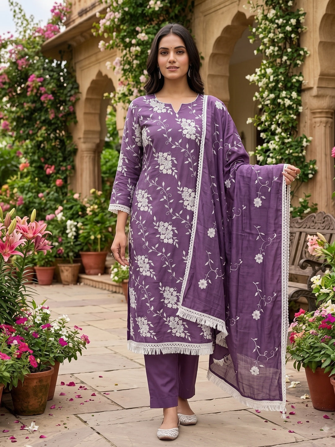 Peachmode Purple Floral Embroidered Silk Blend Dress Material - Image 2
