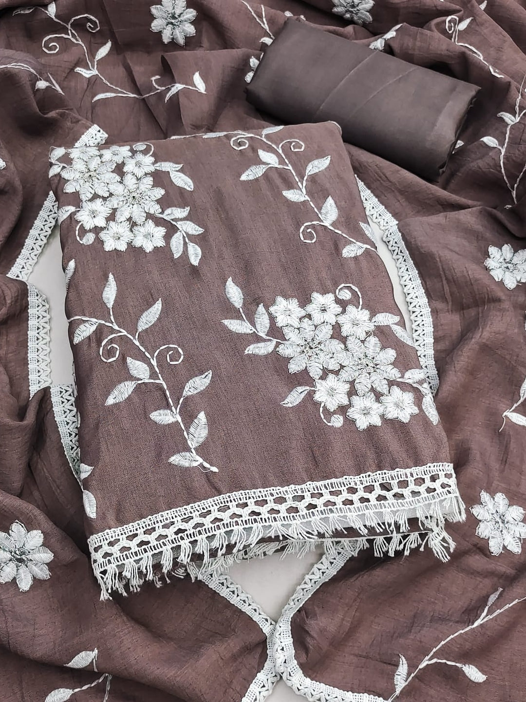 Peachmode Mauve Floral Embroidered Silk Blend Dress Material - Image 1