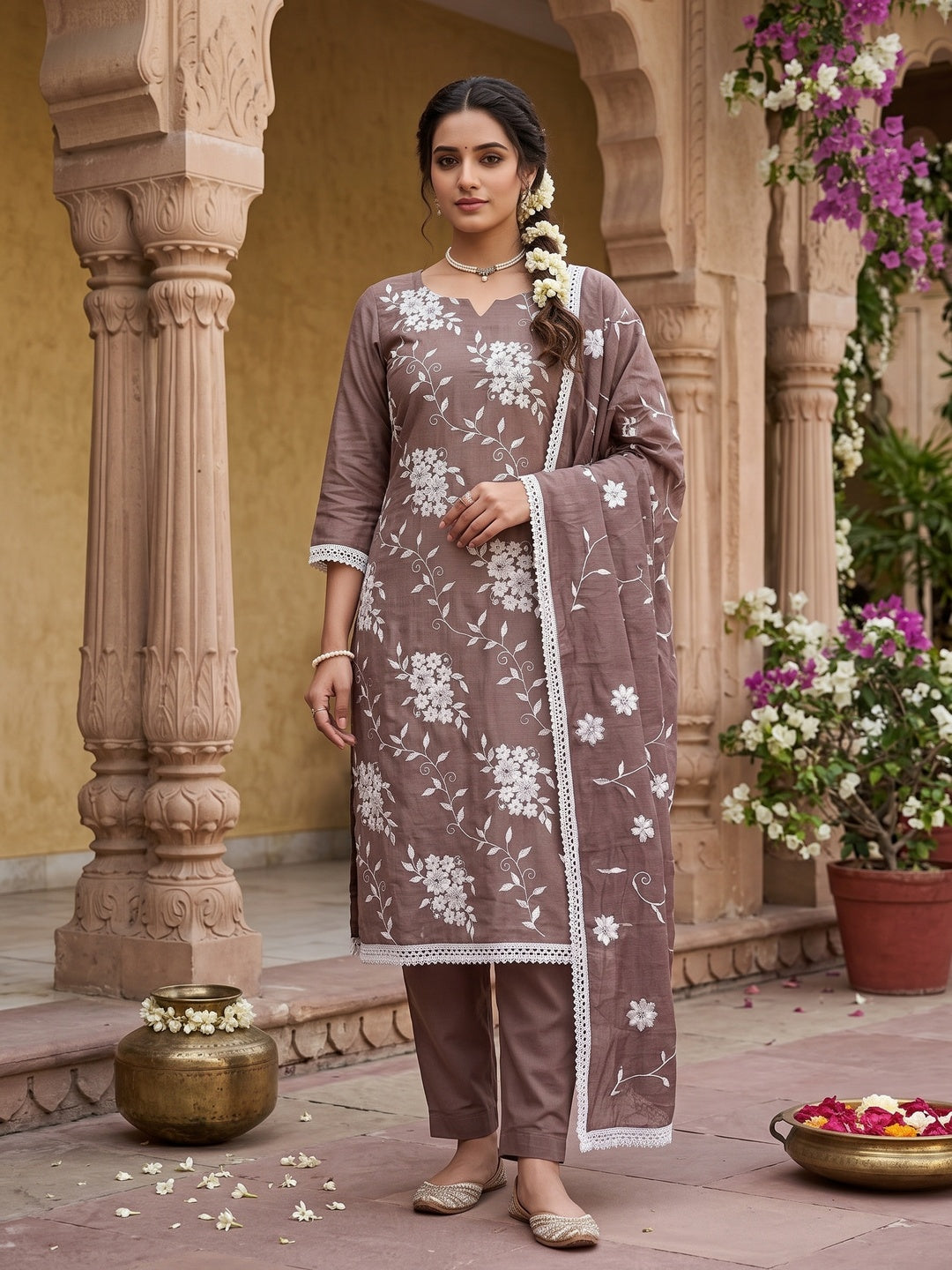 Peachmode Mauve Floral Embroidered Silk Blend Dress Material - Image 2